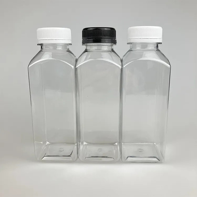 Support personnalisé Taille différente Bouteille de jus de boisson en plastique carré avec couvercles noirs et blancs