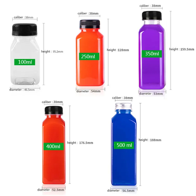 Support personnalisé Taille différente Bouteille de jus de boisson en plastique carré avec couvercles noirs et blancs