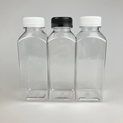 Support personnalisé Taille différente Bouteille de jus de boisson en plastique carré avec couvercles noirs et blancs