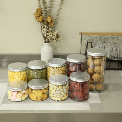 Aucune fuite 250 ml 350 ml Bocal en plastique pour biscuits et bonbons avec couvercle en aluminium