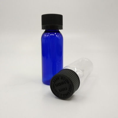 1 oz de bouteilles rondes en plastique bleu cobalt de Boston avec un capuchon à nervures noires