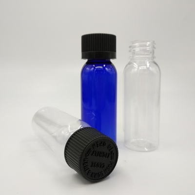 1 oz de bouteilles rondes en plastique bleu cobalt de Boston avec un capuchon à nervures noires