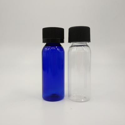 1 oz de bouteilles rondes en plastique bleu cobalt de Boston avec un capuchon à nervures noires