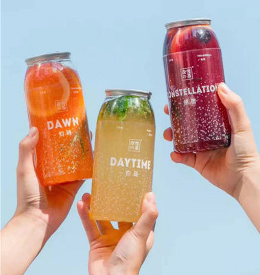 Logo personnalisé transparente Canes de jus en plastique Canne en plastique avec couvercle en aluminium Pet Canne en plastique facile à ouvrir avec échantillon gratuit
