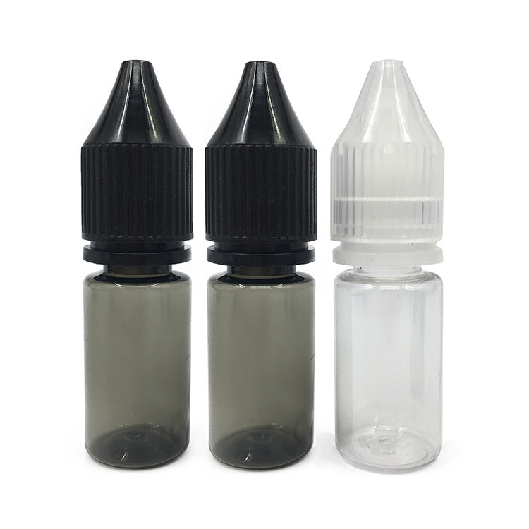Bouteille liquide de 18 mm, taille du cou, ronde E, avec matériau transparent et bouchon étanche aux enfants
