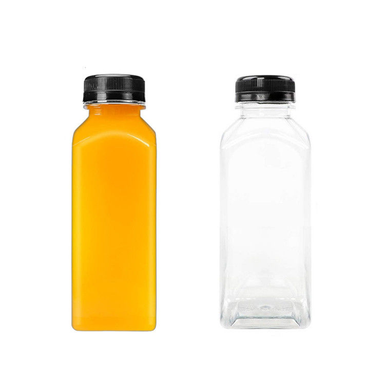 Bouteille de jus d'emballage avec étiquette personnalisée, forme carrée, bouteille en plastique pour jus, bouteilles de jus shot avec grossiste